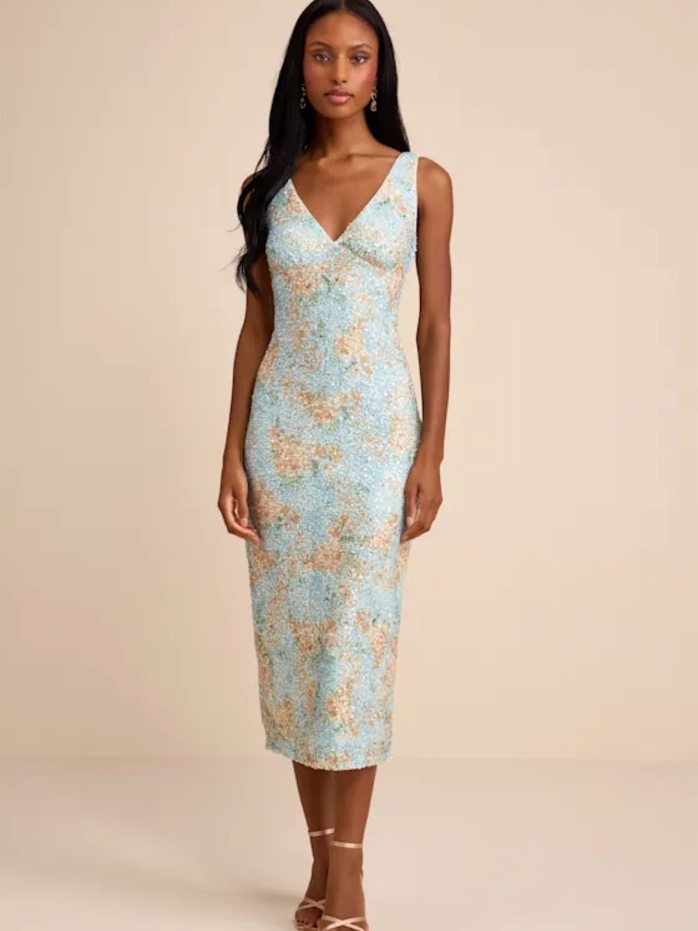 Lulus - NEW - “Renita Light Blue Floral Sequin Column Midi Dress” - Size L